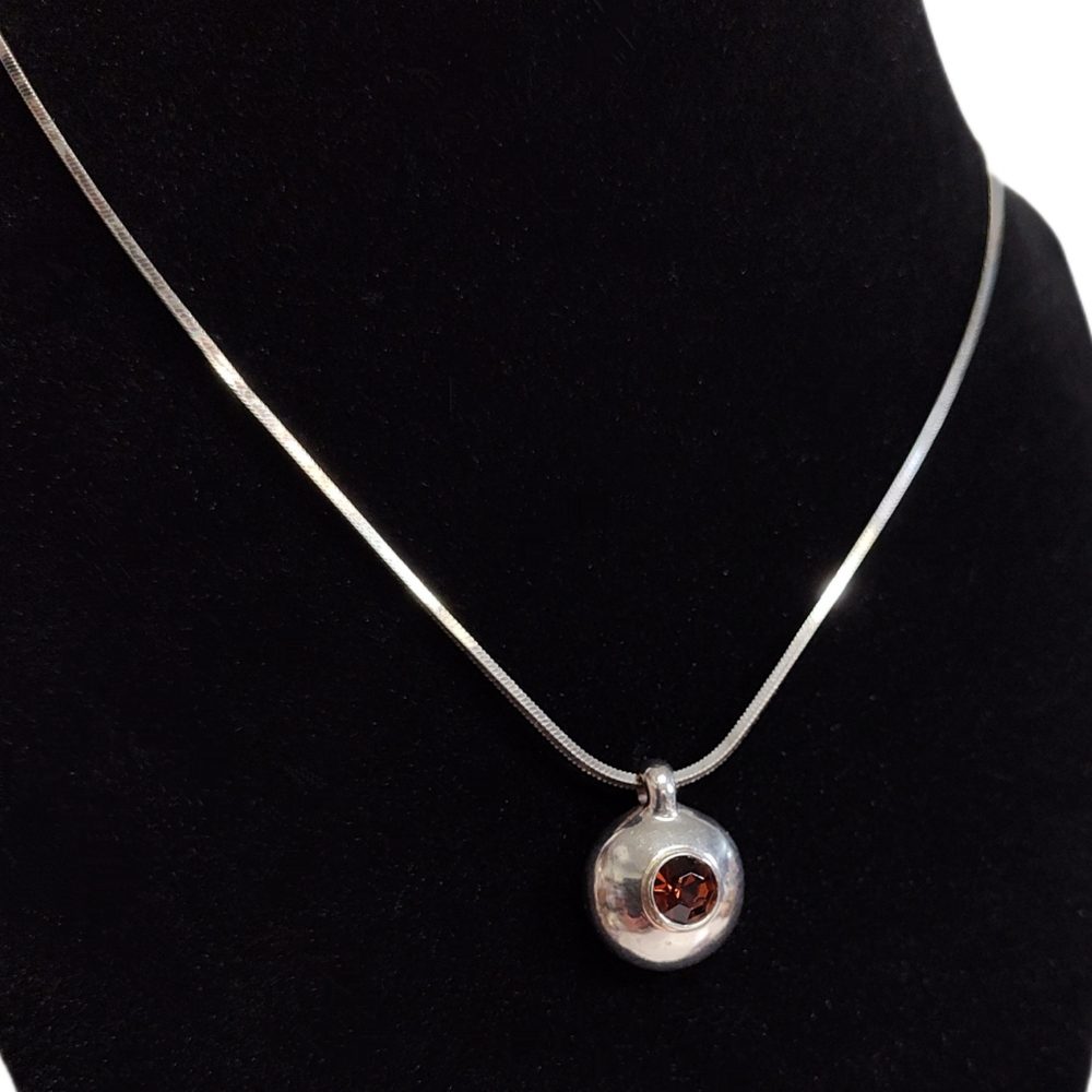 Miriam Salat Sterling Silver Faceted Amber Glass Crystal Round Pendant Necklace